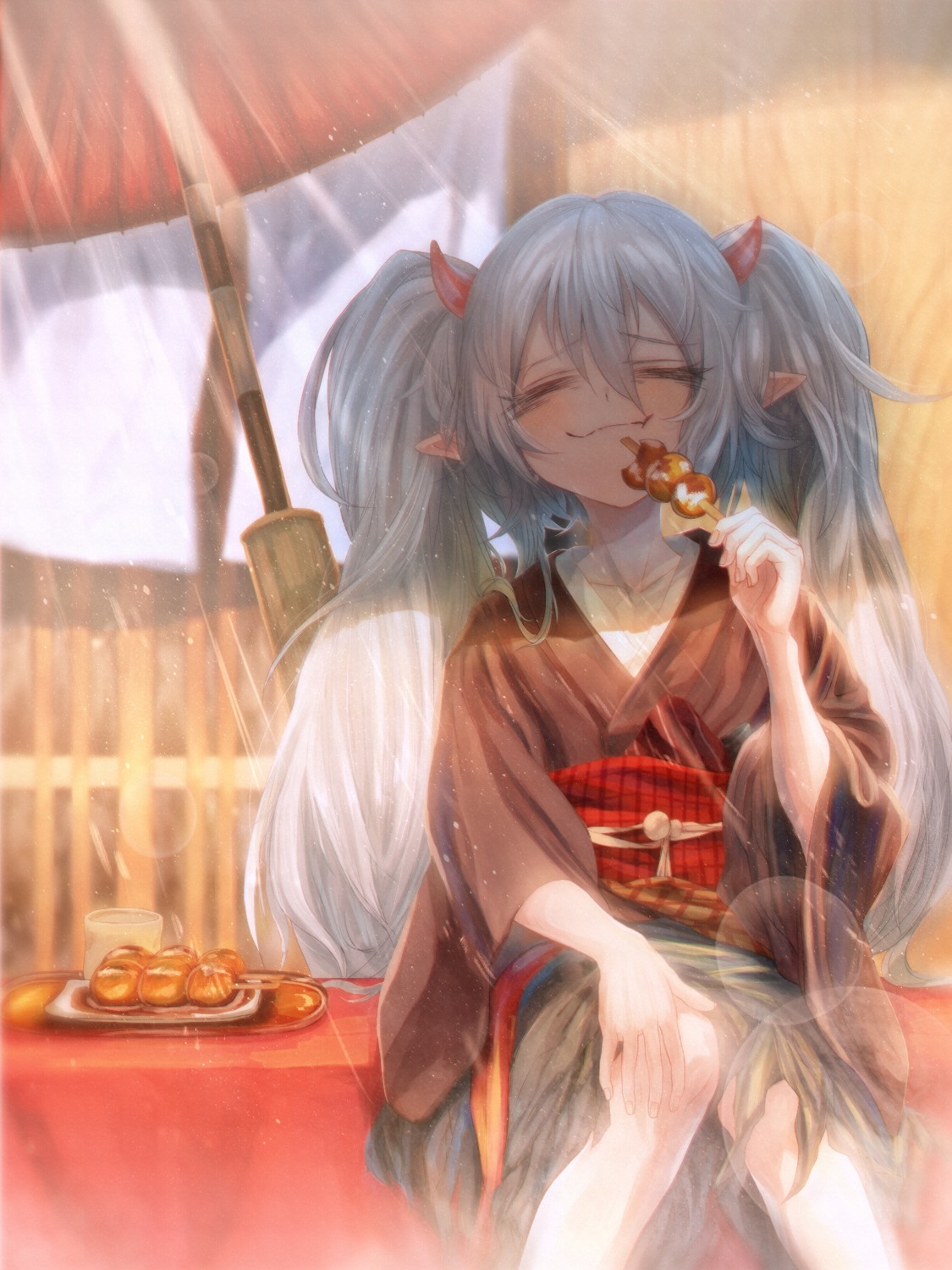 horns, kimono, milmir, pointy_ears, skirt_lift, yugioh