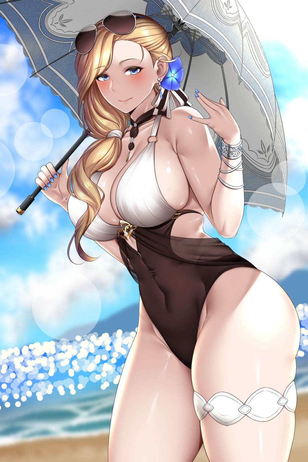 azur_lane, garter, hood_(azur_lane), kome_cola, megane, swimsuits, umbrella