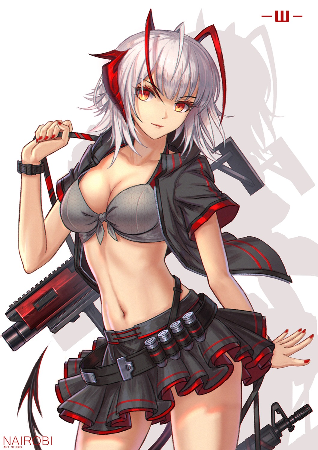 arknights, brilliant_naraku, cleavage, gun, horns, no_bra, open_shirt, tail