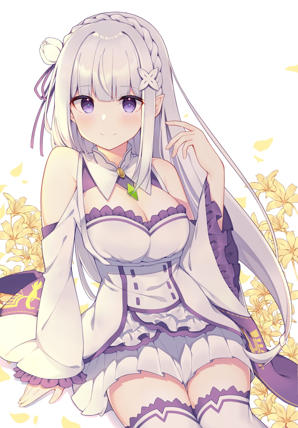 cleavage, dress, elf, emilia_(re_zero), paaru, pointy_ears, re:zero_kara_hajimeru_isekai_seikatsu, thighhighs