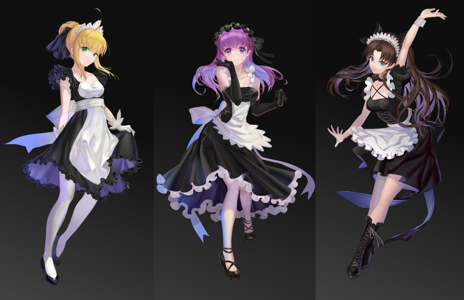 artoria_pendragon_(fate), fate/stay_night, heels, maid, matou_sakura, toosaka_rin, vanink