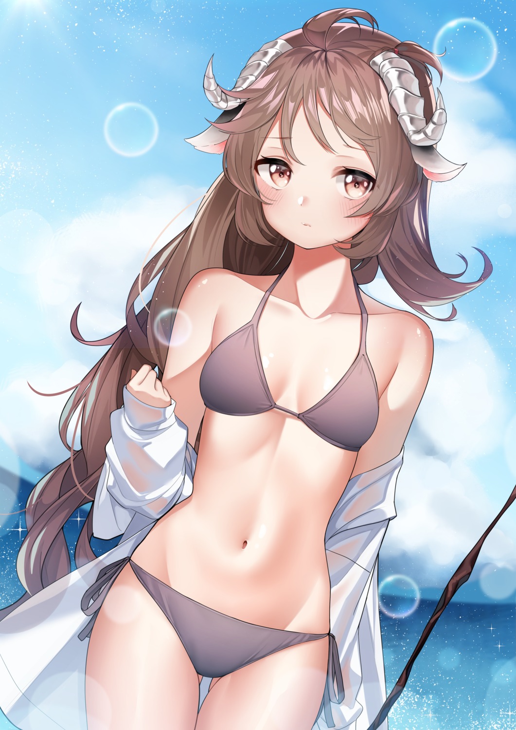 animal_ears, arknights, bikini, eyjafjalla_(arknights), horns, open_shirt, see_through, swimsuits
