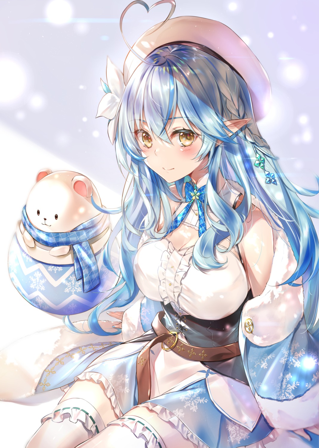 cleavage, elf, hololive, kasumi_komo, pointy_ears, thighhighs, yukihana_lamy
