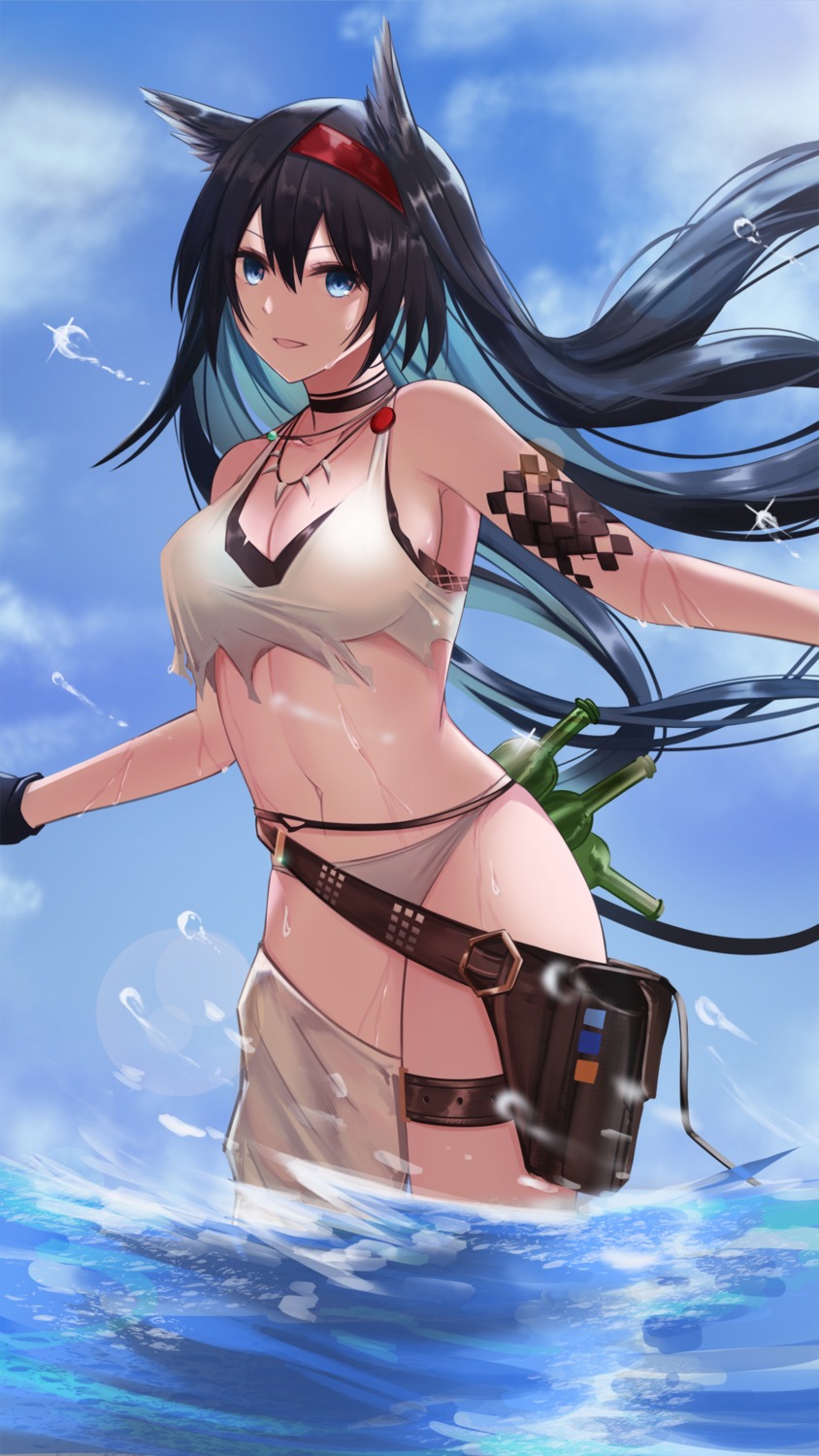 animal_ears, arknights, bikini, blaze_(arknights), blitzkrieg_(index_unknown), cleavage, garter, swimsuits, wet