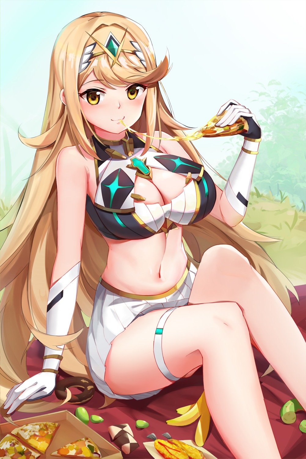 bikini_armor, cleavage, garter, hikari_(xenoblade_2), kiiro_kimi, skirt_lift, xenoblade_(series), xenoblade_2