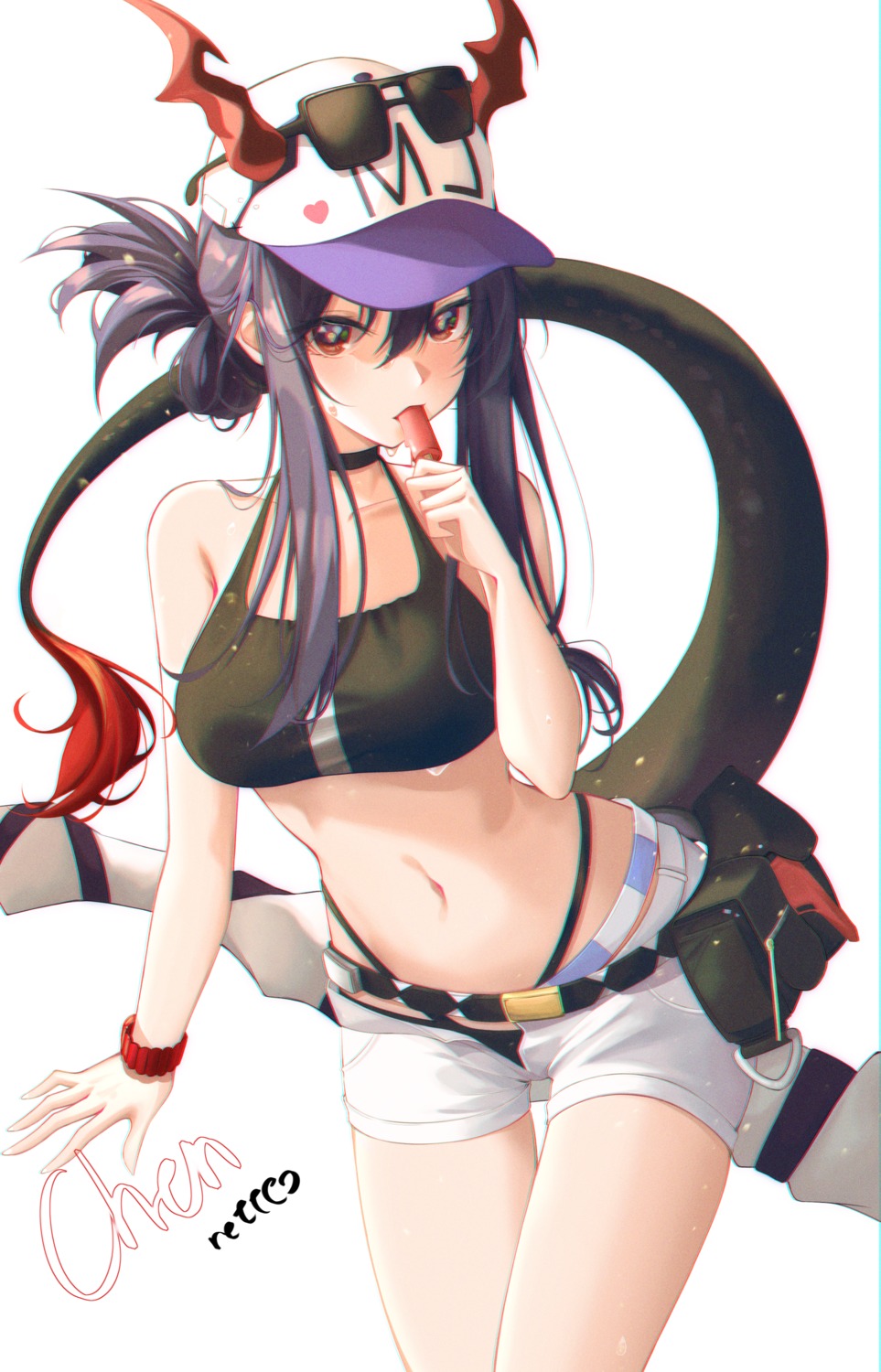 arknights, bikini, ch'en_(arknights), horns, ildanbaggobwa, megane, swimsuits, tail