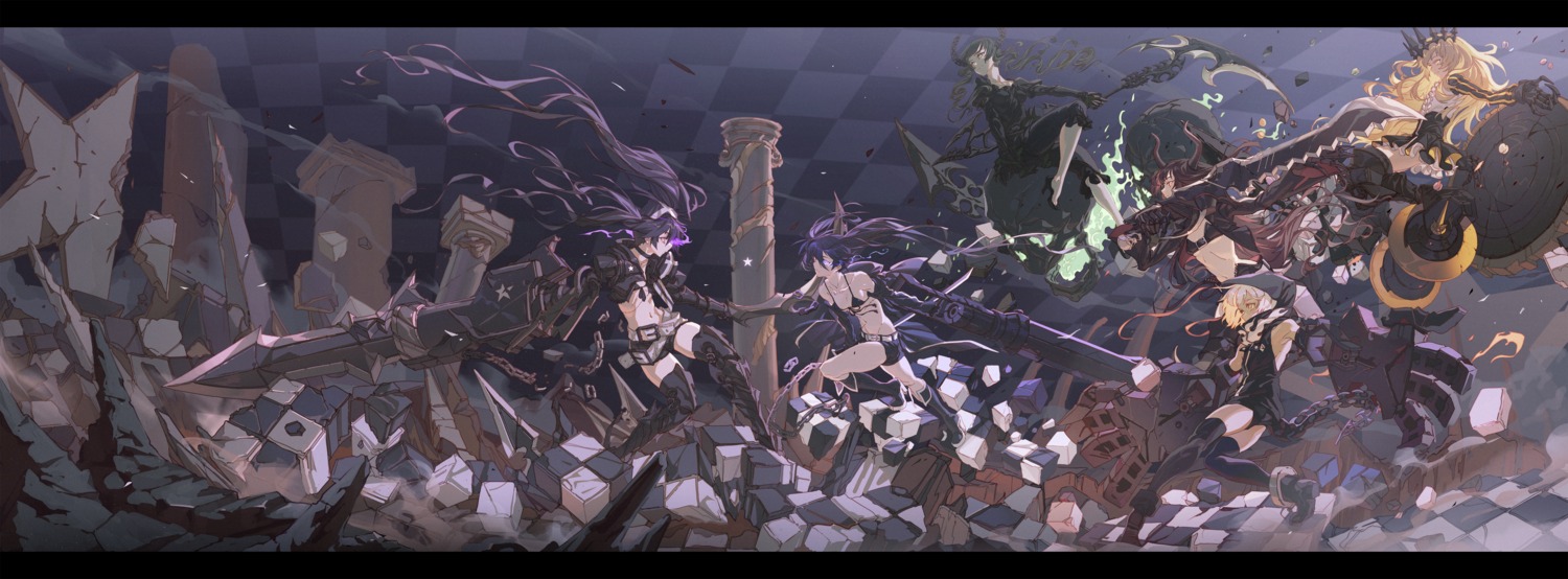 armor, bikini_top, black_gold_saw, black_rock_shooter, black_rock_shooter_(character), chariot, dead_master, heels