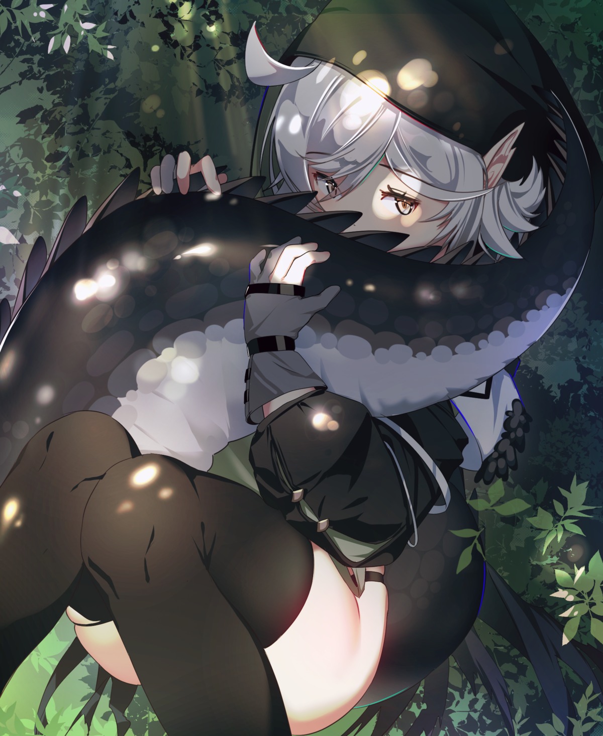 arknights, dai_nikucho, pantsu, pointy_ears, tail, thighhighs, tomimi_(arknights)