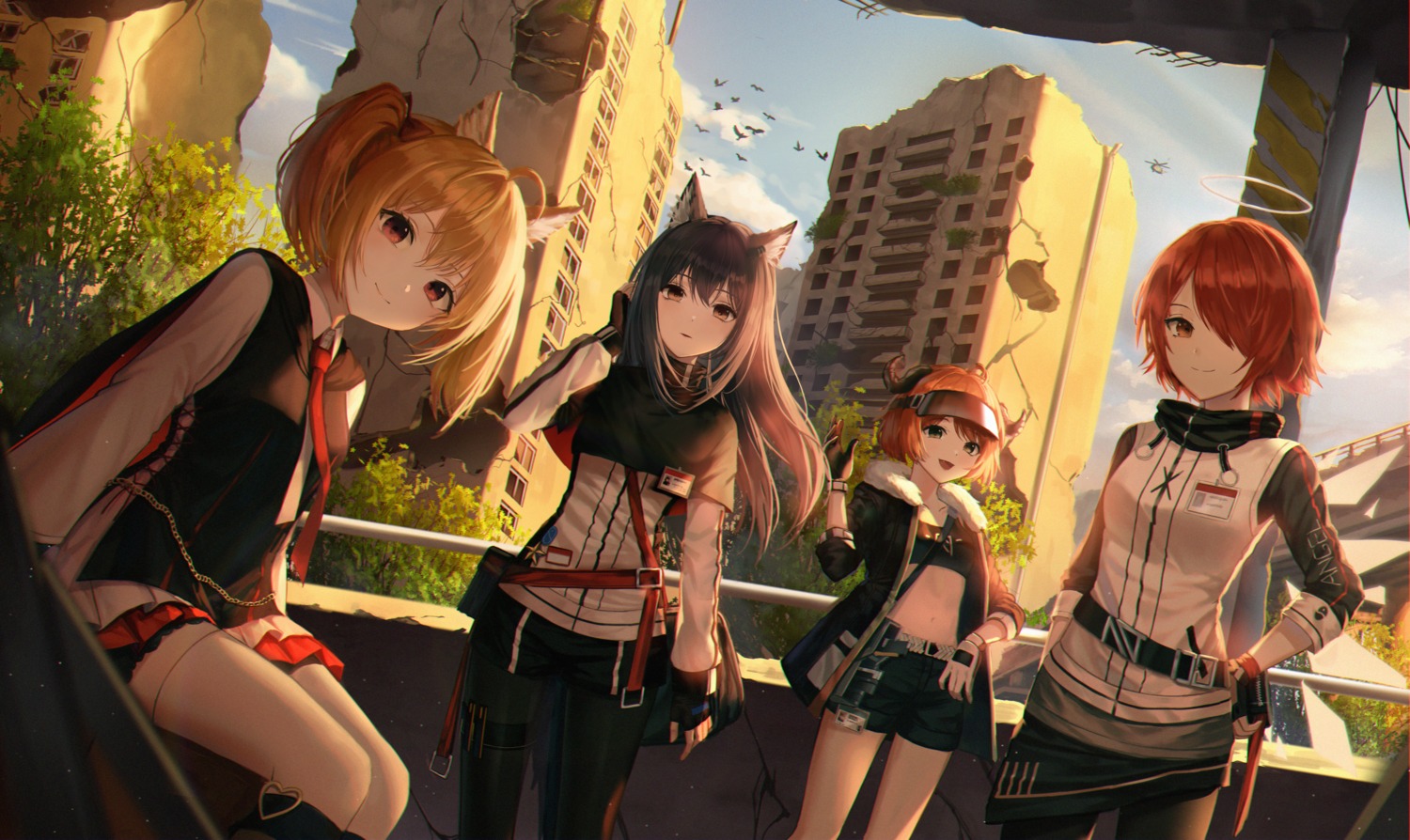 angel, animal_ears, appble, arknights, croissant_(arknights), exusiai_(arknights), horns, pantyhose, seifuku, sora_(arknights), tail, texas_(arknights), thighhighs, uniform, wings