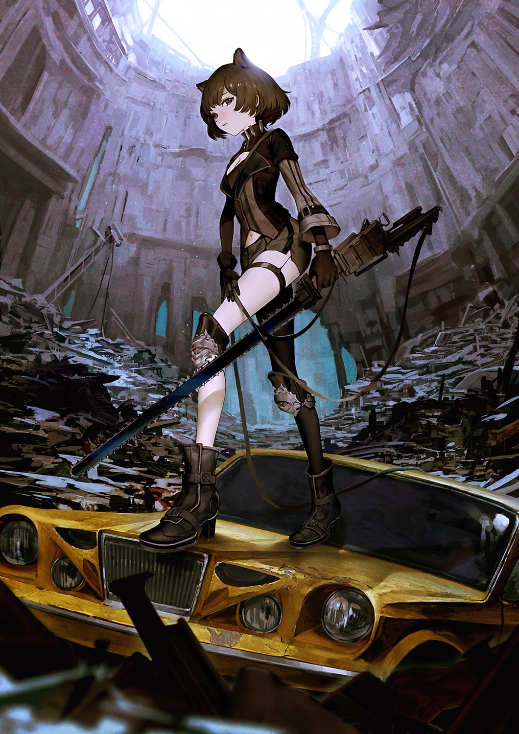animal_ears, armor, chainsaw, cleavage, garter, heels, takenoko_(531)