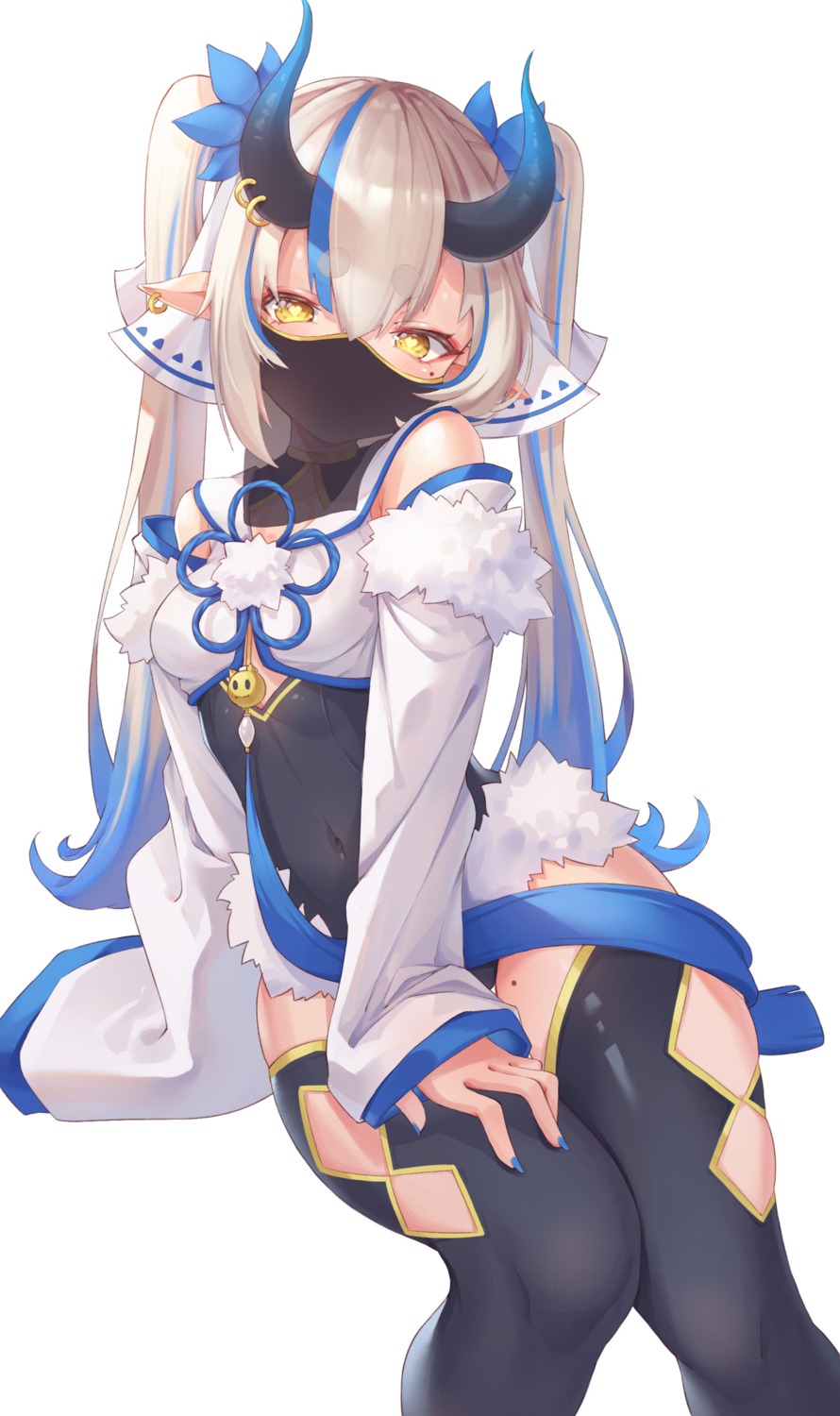 hitokuchii, horns, leotard, pointy_ears, thighhighs
