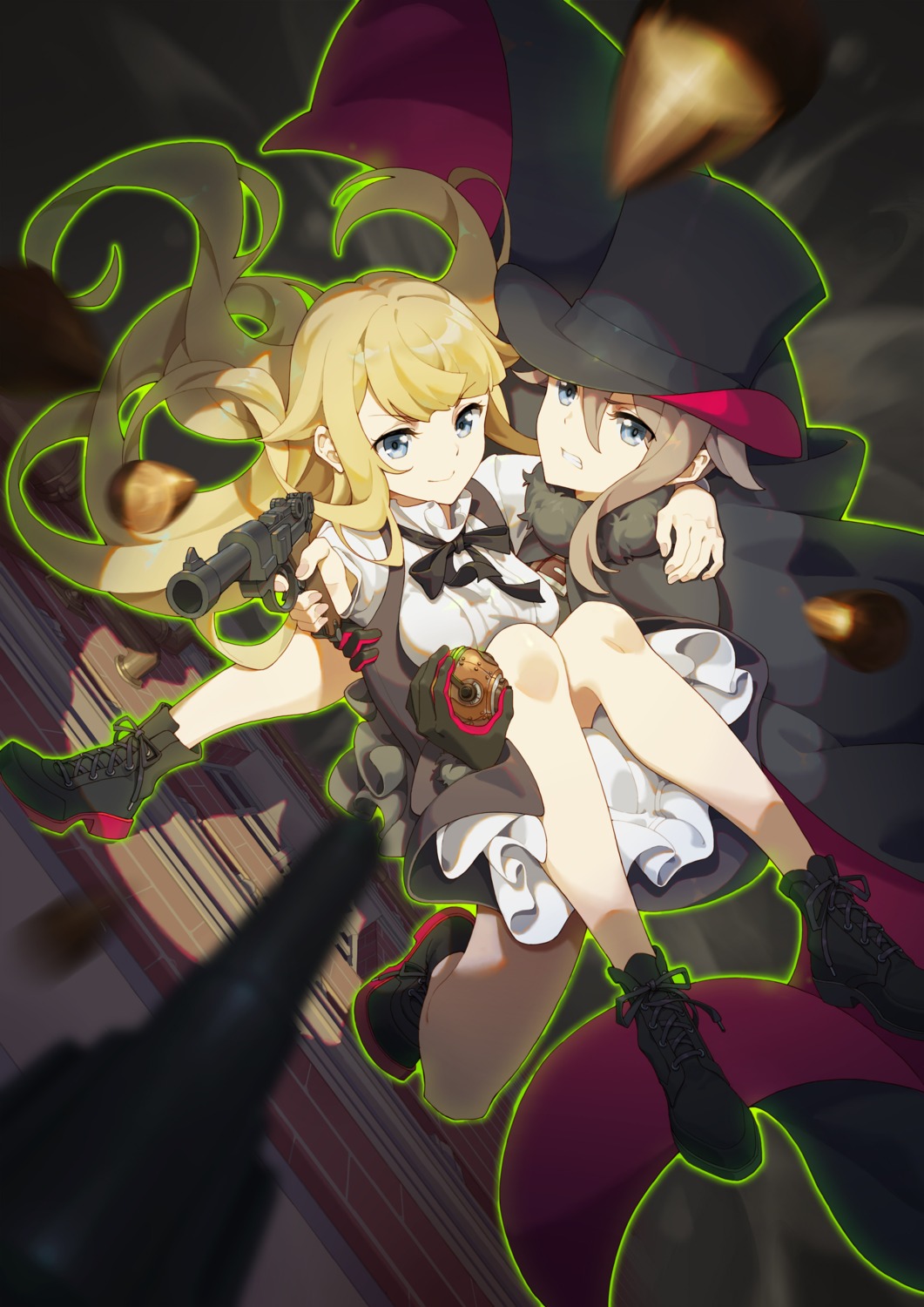 ange_(princess_principal), cheese_kang, gun, princess_(princess_principal), princess_principal, seifuku, skirt_lift, yuri