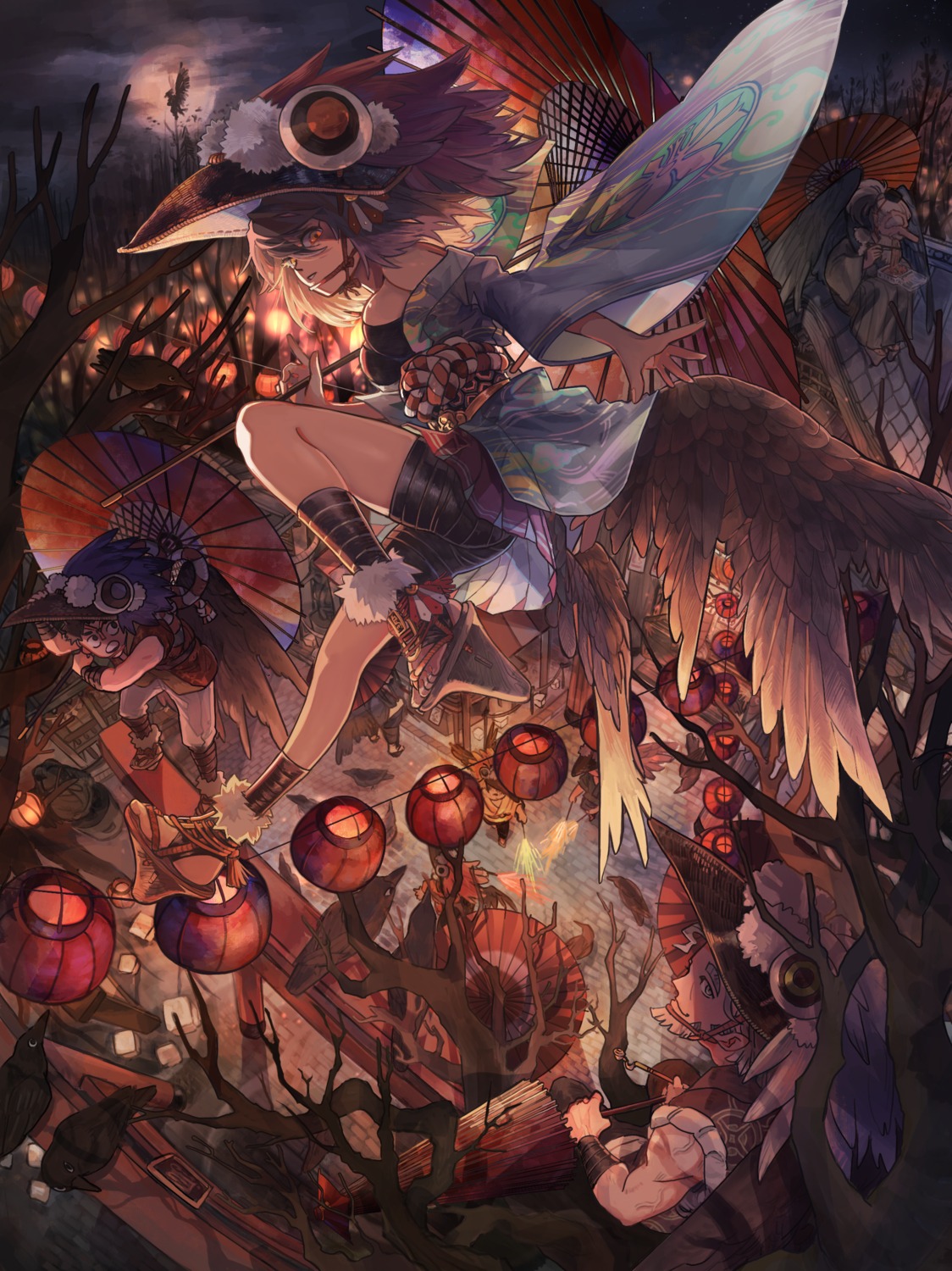 ass, japanese_clothes, sionagasu, skirt_lift, umbrella, wings