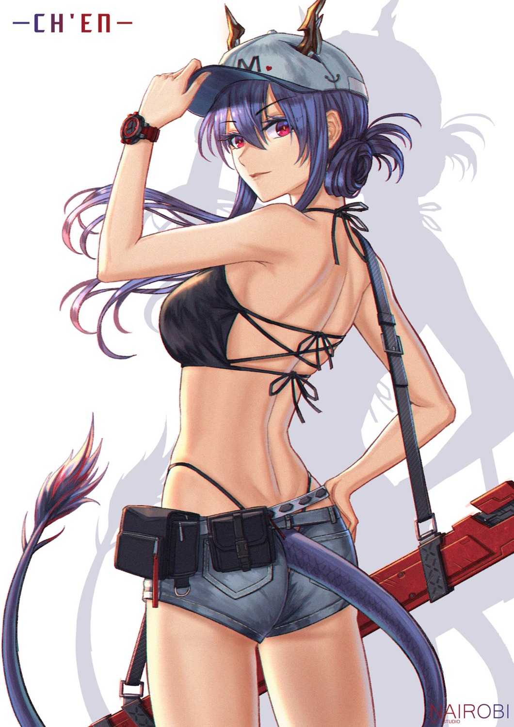 arknights, ass, bikini, brilliant_naraku, ch'en_(arknights), horns, swimsuits, sword
