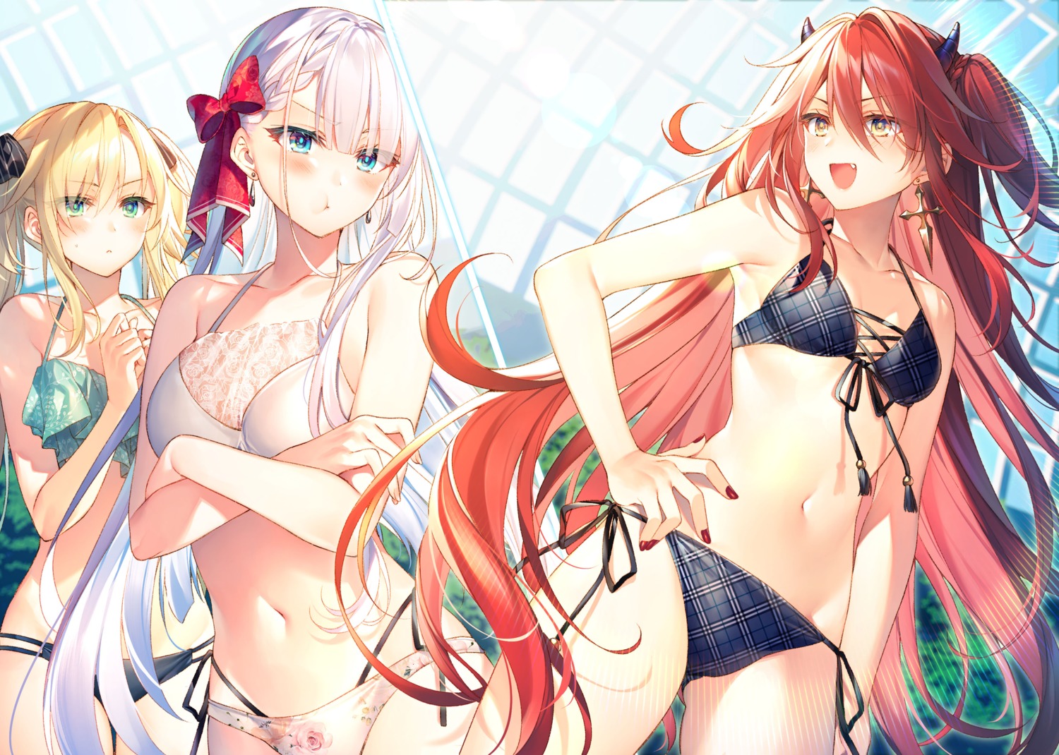 bikini, breast_hold, horns, regina_mercedes, riselia_ray_crystalia, see_through, seiken_gakuin_no_maken_tsukai, swimsuits, toosaka_asagi, veira_dragon_lord
