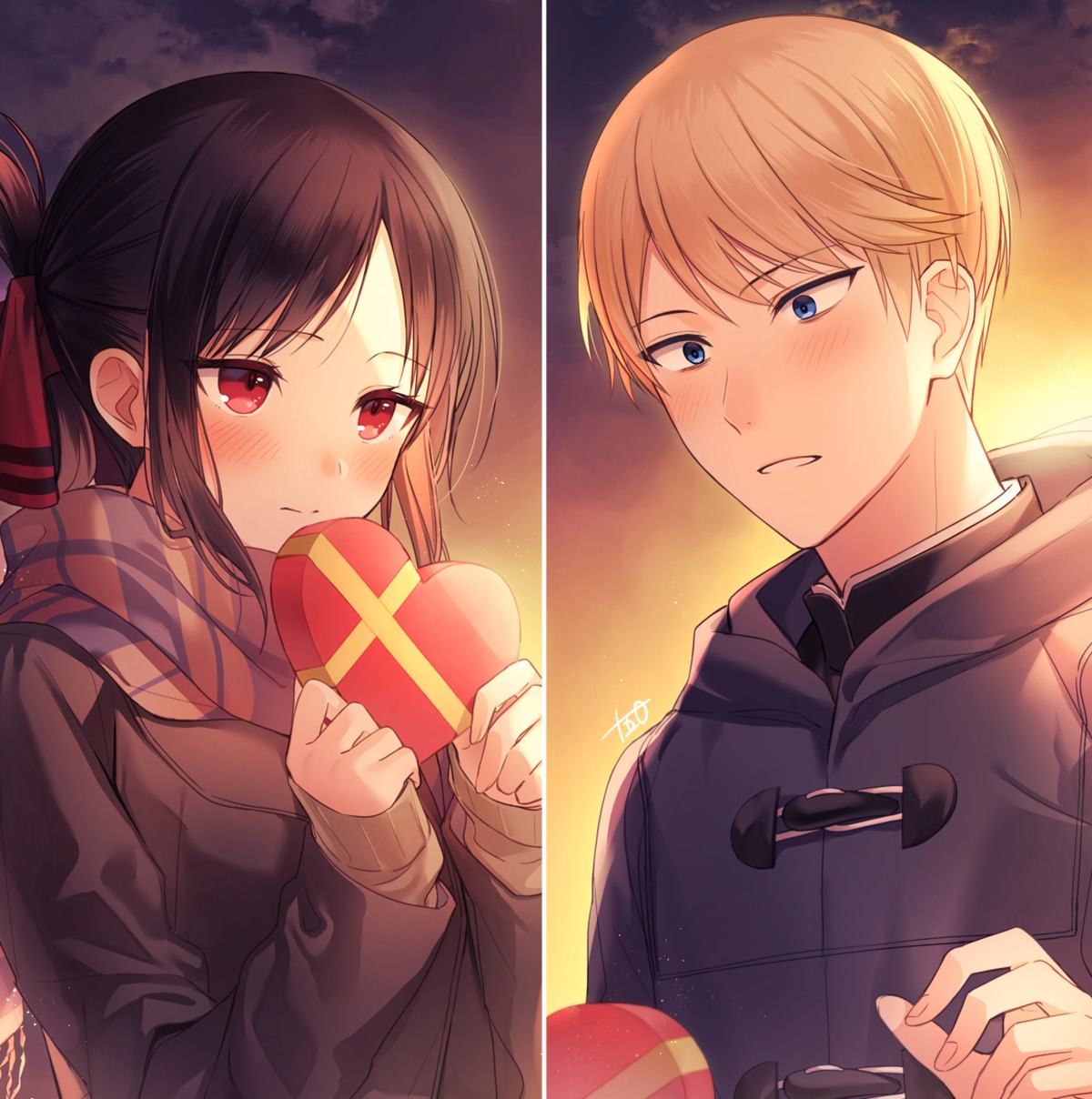 juugonichi_(wheeliex2), kaguya-sama_wa_kokurasetai_~tensai-tachi_no_renai_zunousen~, seifuku, shinomiya_kaguya, shirogane_miyuki, sweater, valentine