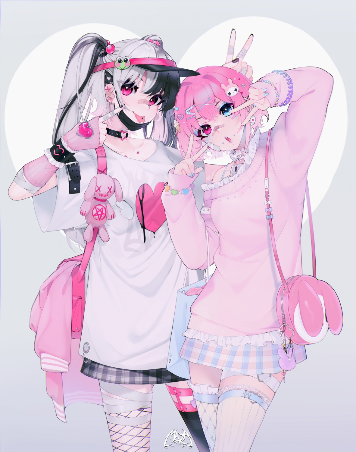 bandages, bandaid, fishnets, garter, mazamuno, stockings, sweater, thighhighs