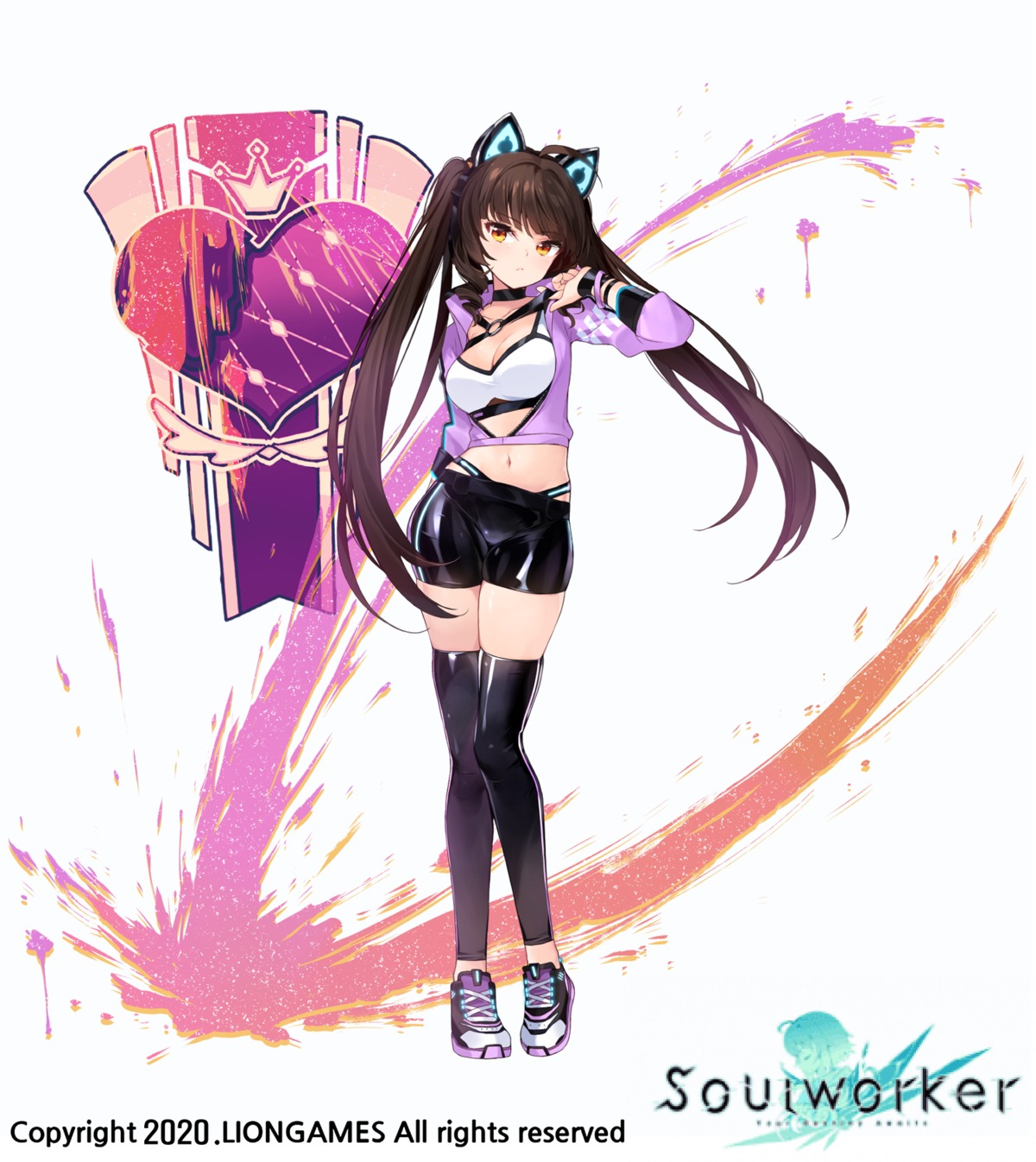 animal_ears, bike_shorts, bra, cleavage, open_shirt, pantsu, soul_worker, takotsu