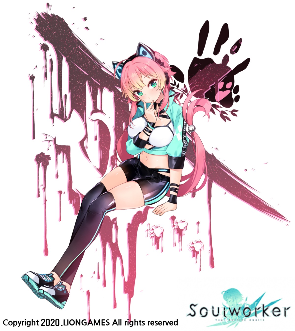 animal_ears, bike_shorts, bra, headphones, open_shirt, pantsu, soul_worker, takotsu