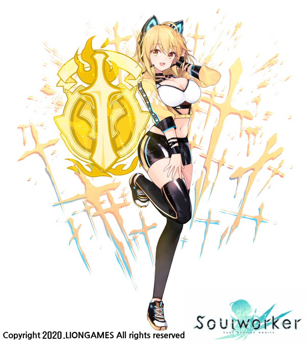 animal_ears, bike_shorts, bra, cleavage, headphones, open_shirt, pantsu, soul_worker