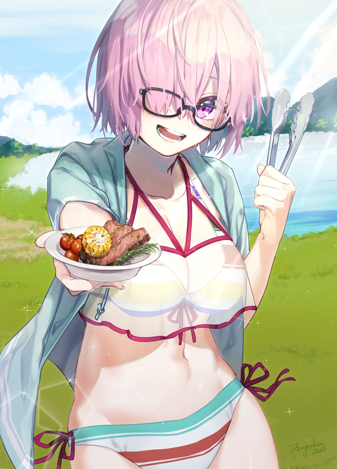 bikini, cleavage, fate/grand_order, fuyuhi_tsukika, mash_kyrielight, megane, open_shirt, see_through, swimsuits