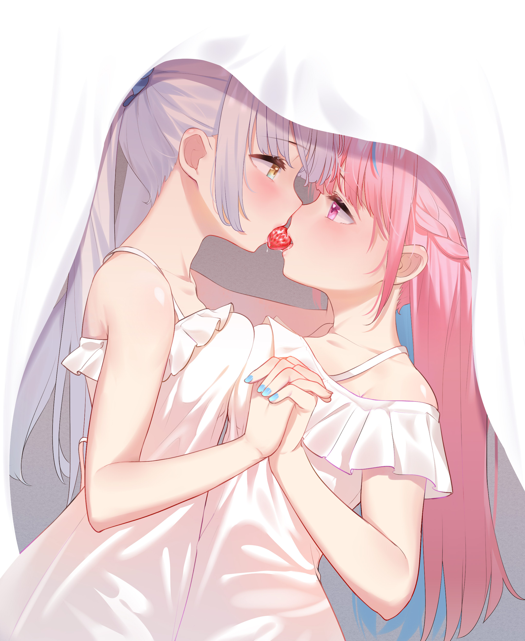 crossover, dress, hololive, kagura_mea, kagura_mea_channel, minato_aqua, symmetrical_docking, yao_unripe, yuri
