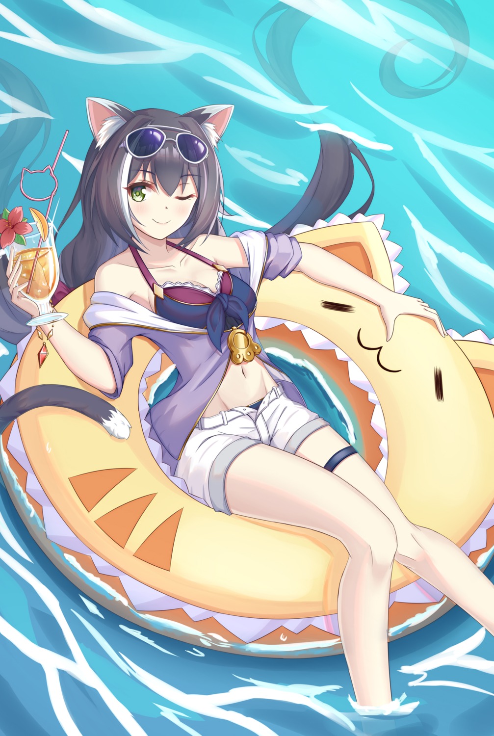 animal_ears, bikini, cleavage, flan_(f_l_an), garter, karyl_(princess_connect), megane, open_shirt, princess_connect!, princess_connect!_re:dive, swimsuits, tail, wet