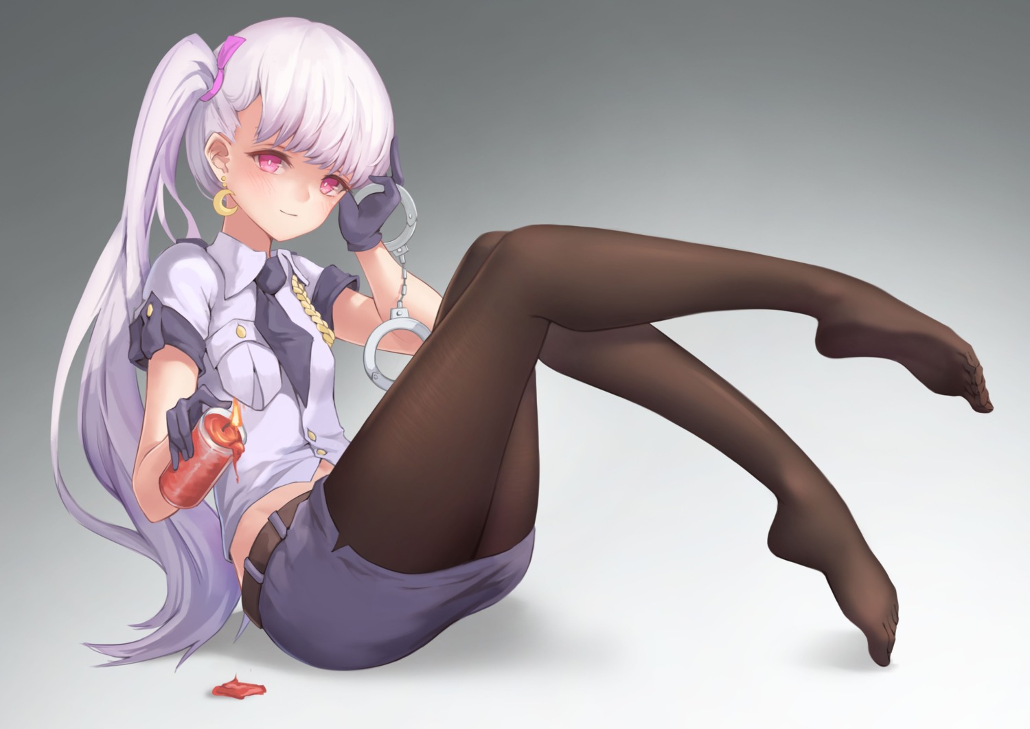 feet, miso_(b7669726), pantyhose, police_uniform, skirt_lift
