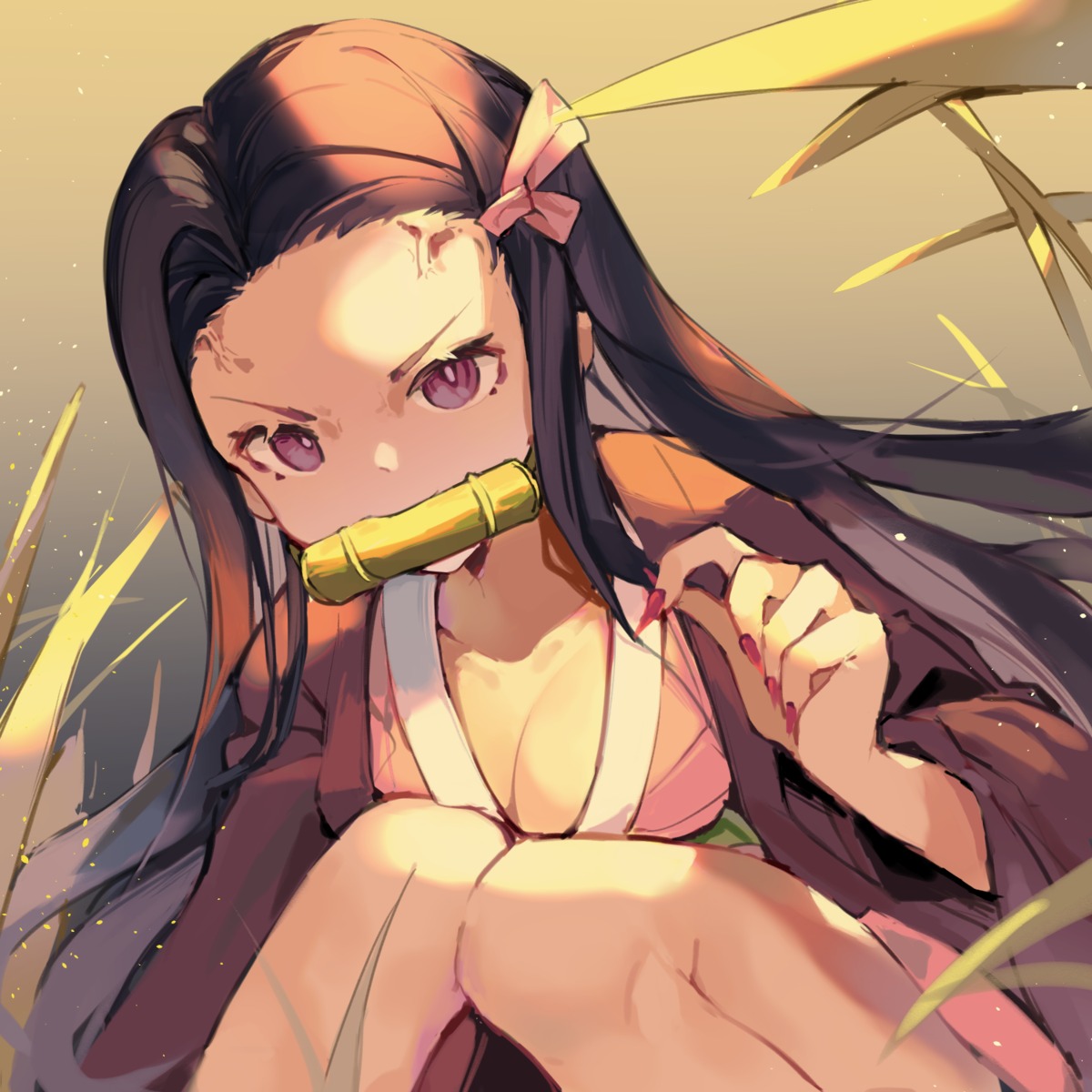 cleavage, japanese_clothes, kamado_nezuko, kimetsu_no_yaiba, kitere, no_bra, open_shirt