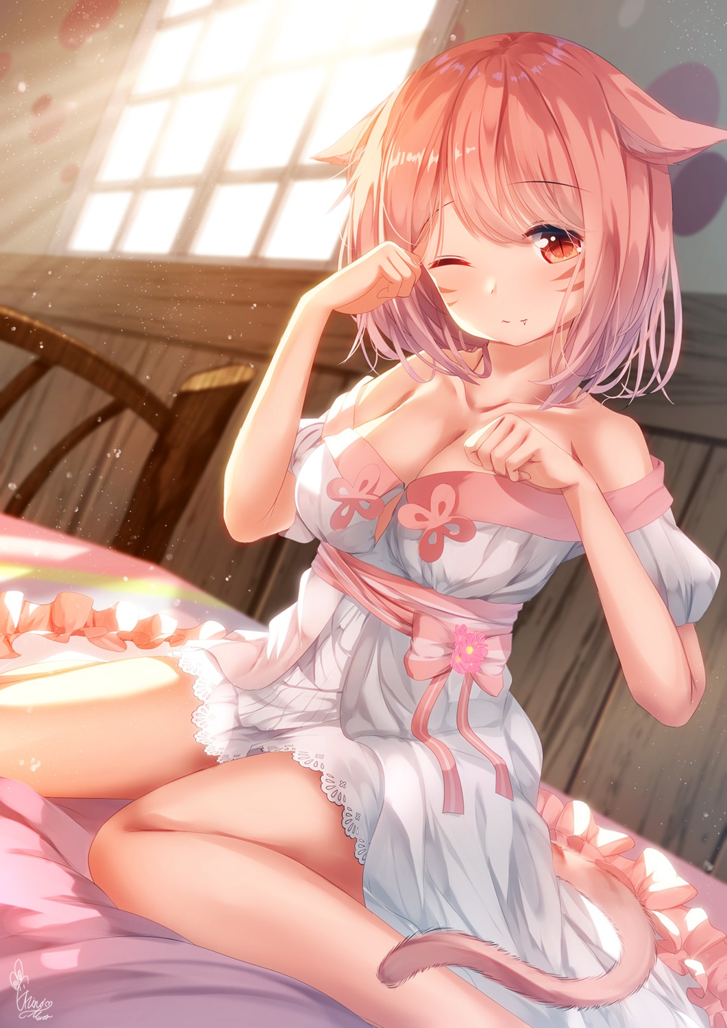 animal_ears, chinomaron, dress, final_fantasy, final_fantasy_xiv, miqo'te, no_bra, tail