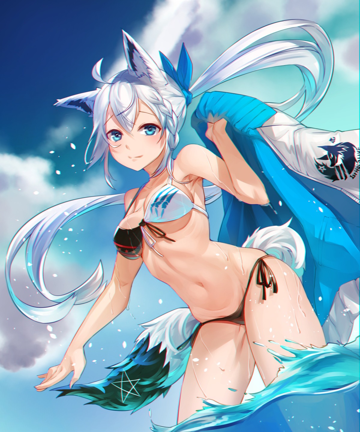 animal_ears, arpeggio_kaga, bikini, hololive, hololive_gamers, kitsune, shirakami_fubuki, swimsuits, tail, wet