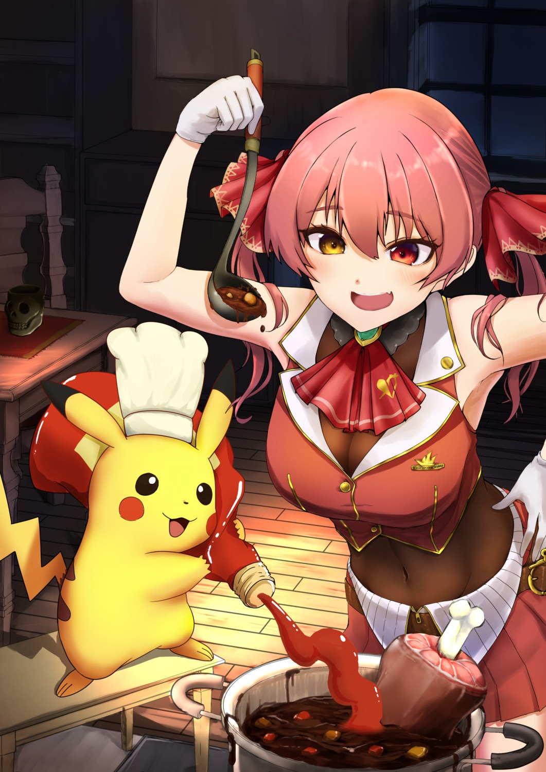 creid, crossover, heterochromia, hololive, houshou_marine, pikachu, pokemon
