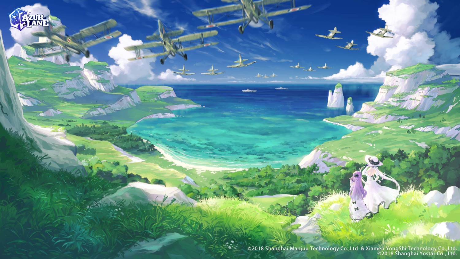 azur_lane, dress, illustrious_(azur_lane), landscape, no_bra, skirt_lift, summer_dress, suzuke, unicorn_(azur_lane)
