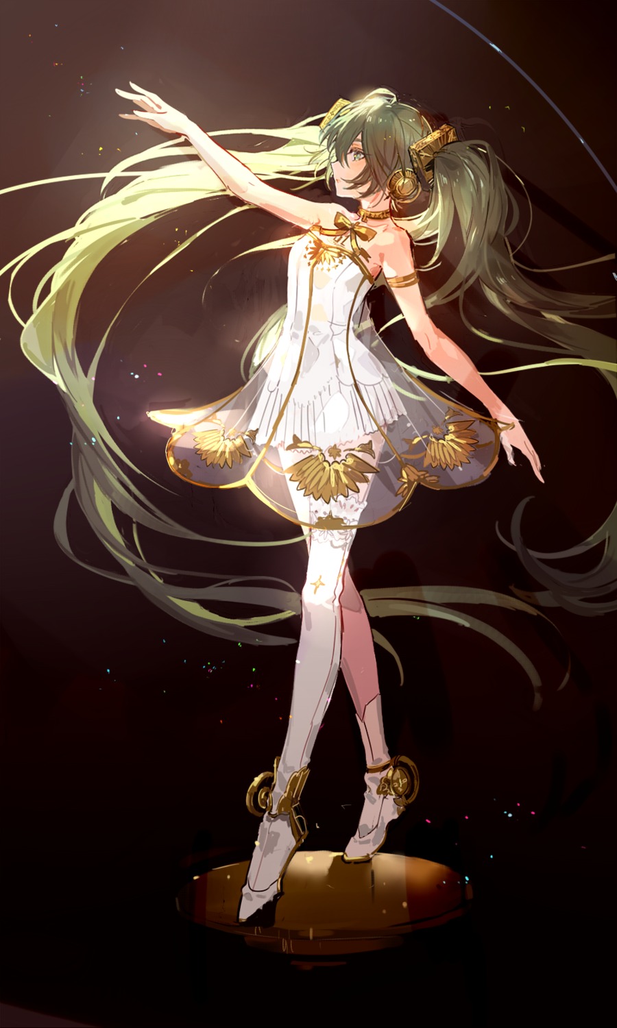dress, gramophone_miku, hatsune_miku, hatsune_miku_symphony, nevakuma_(fanfanas), see_through, thighhighs, vocaloid