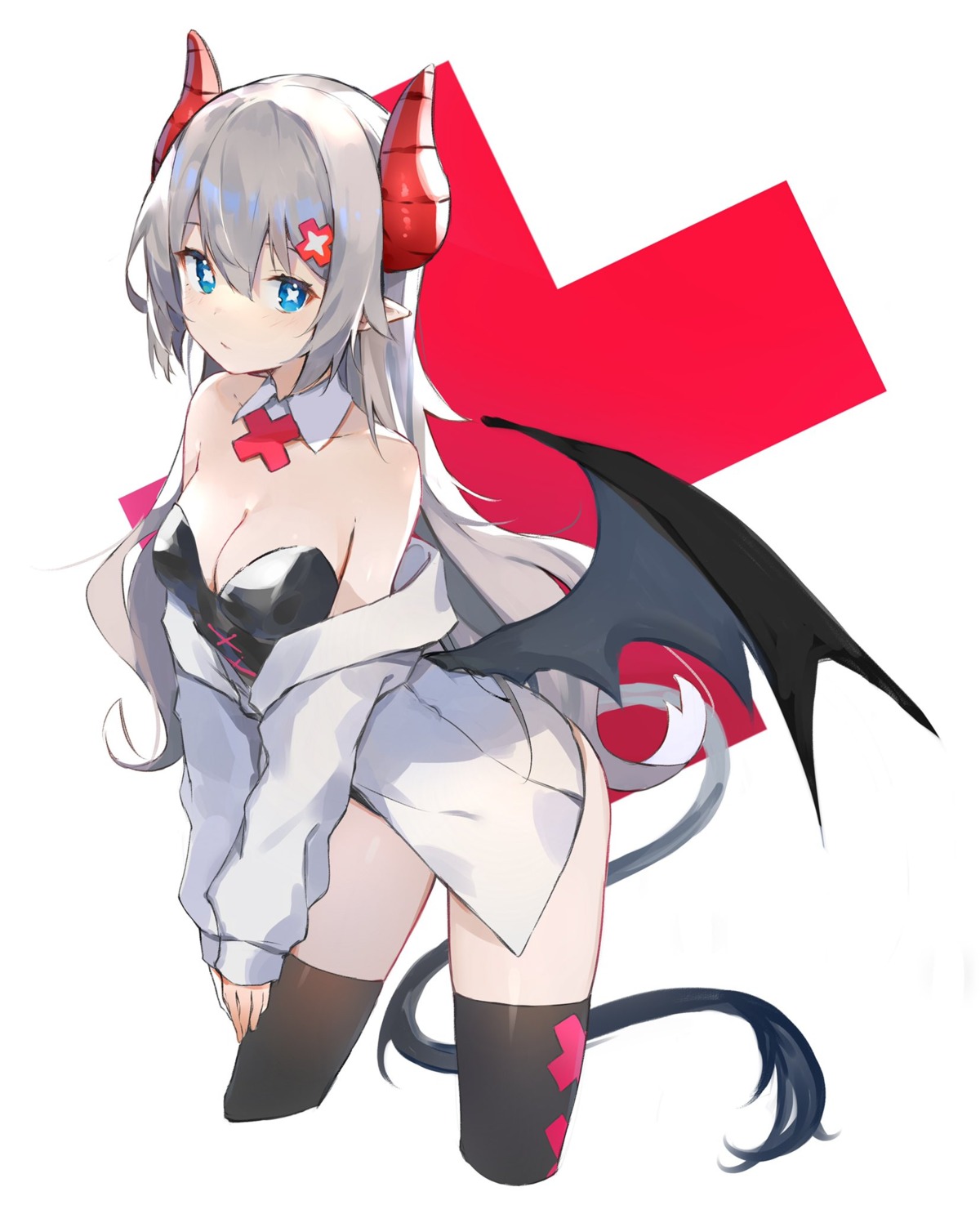 cleavage, horns, leotard, no_bra, pointy_ears, ryou_(ponpgo), tail, thighhighs, wings