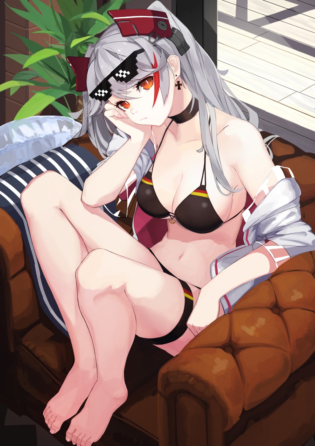 ao_(1234painter), azur_lane, bikini, cleavage, garter, megane, open_shirt, prinz_eugen_(azur_lane), see_through, swimsuits