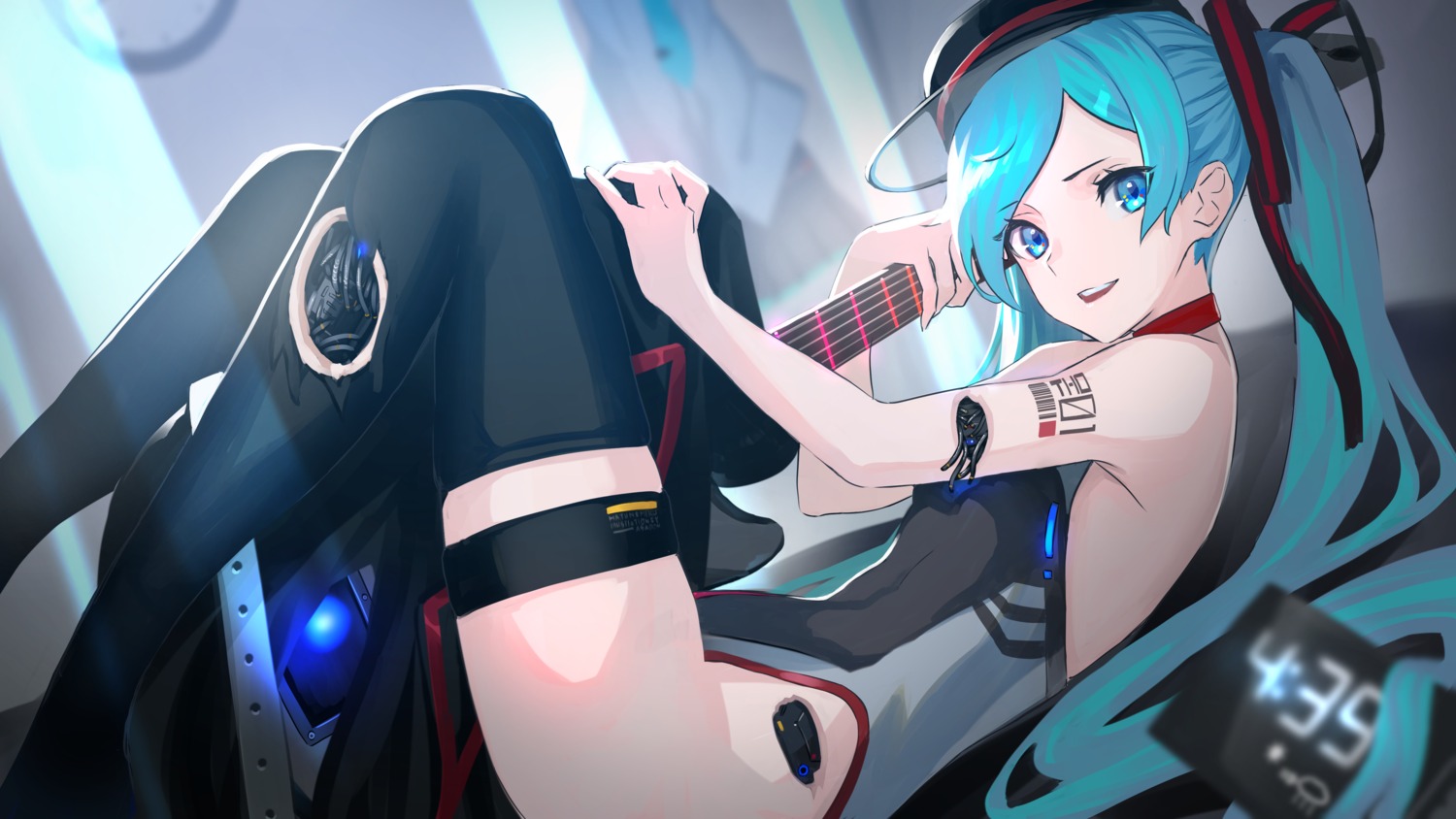 asagon007, garter, guitar, hatsune_miku, leotard, mecha_musume, tattoo, thighhighs, torn_clothes, vocaloid, wallpaper