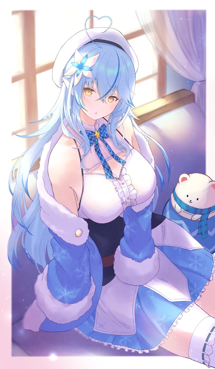 cleavage, elf, gore_(white_gore), hololive, pointy_ears, thighhighs, yukihana_lamy