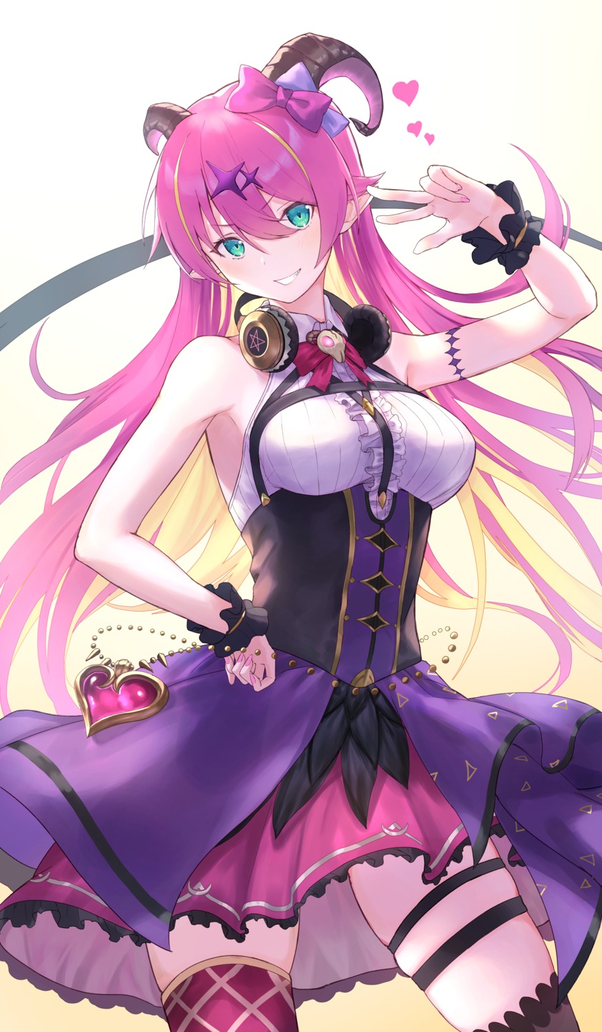garter, gore_(white_gore), headphones, hololive, horns, mano_aloe, pointy_ears, thighhighs