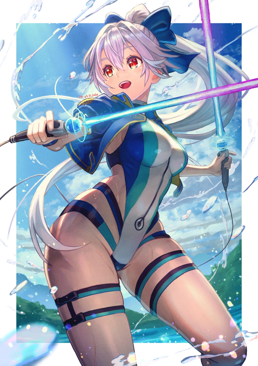 fate/grand_order, garter, sakumichi, swimsuits, sword, tomoe_gozen_(fate), wet