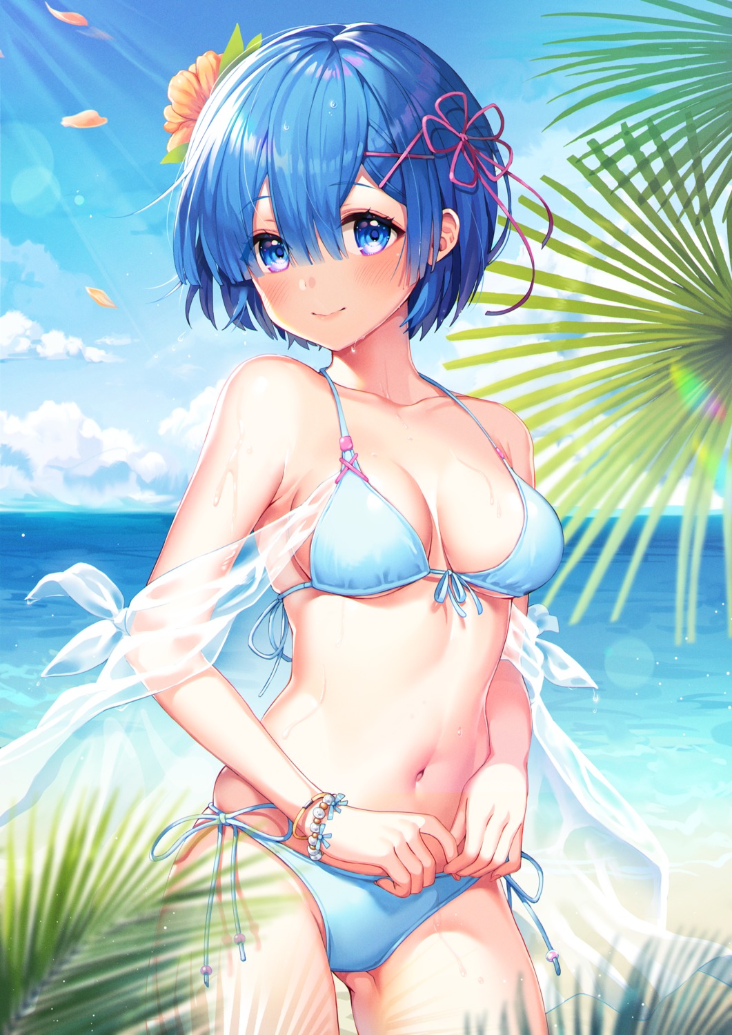 bikini, re:zero_kara_hajimeru_isekai_seikatsu, rem_(re_zero), satchely, see_through, swimsuits, wet