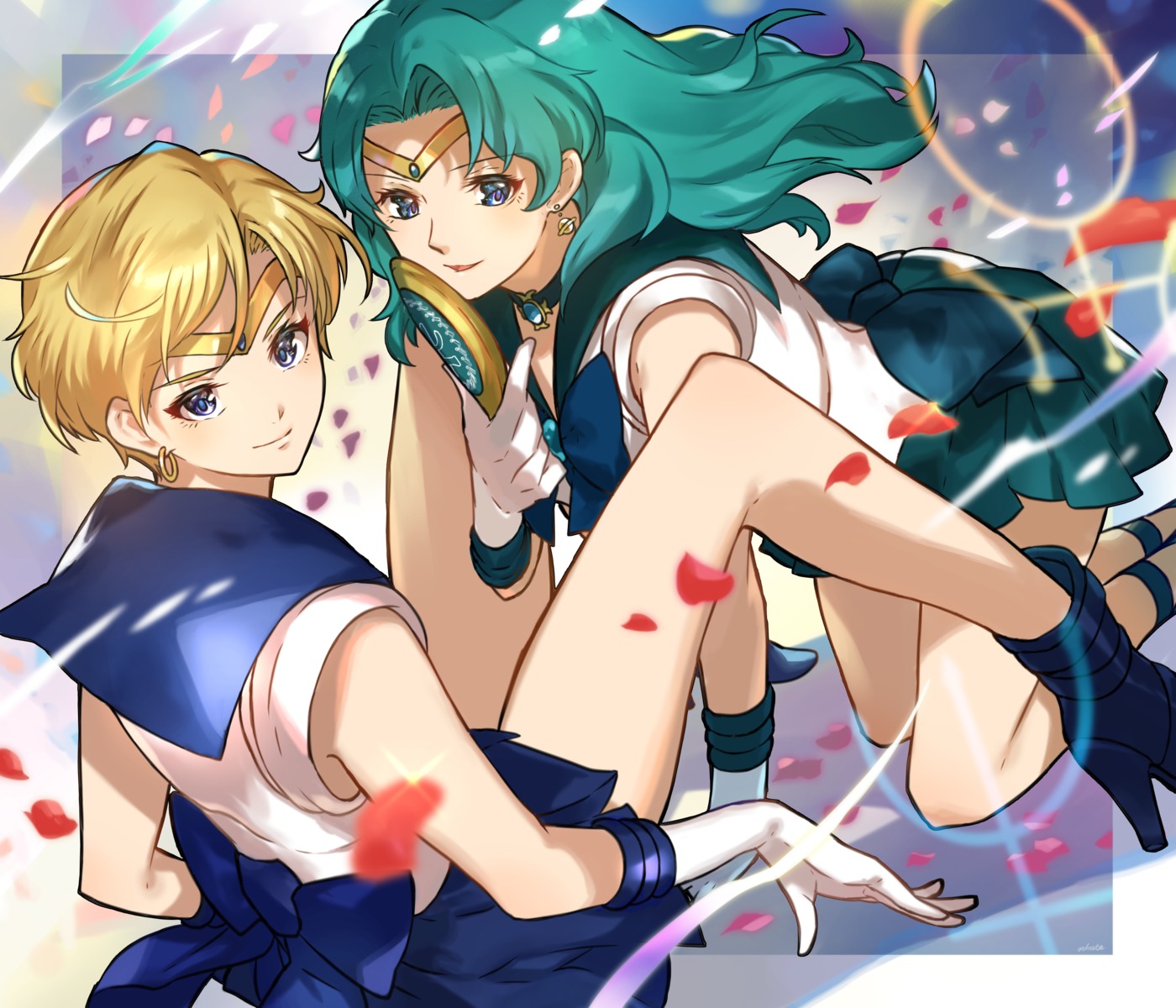 bishoujo_senshi_sailor_moon, heels, kaiou_michiru, kino_makoto, n-bata, seifuku, skirt_lift