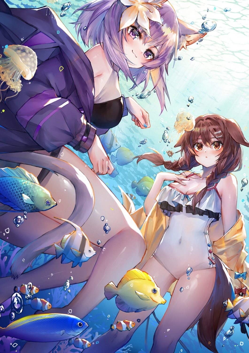 animal_ears, garter, hololive, hololive_gamers, inugami_korone, inumimi, nekomata_okayu, nekomimi