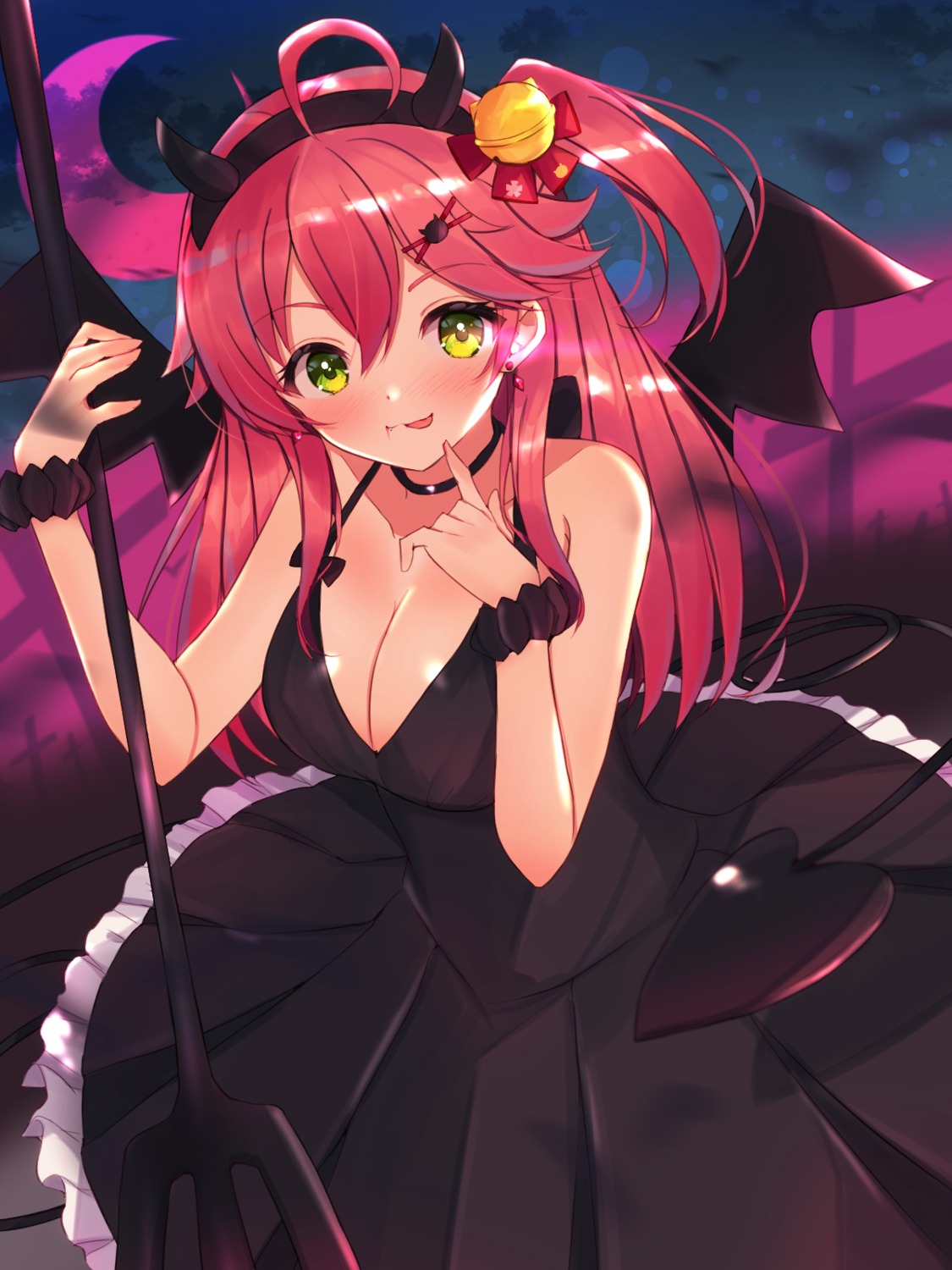 cleavage, dress, hololive, horns, mi_taro333, no_bra, sakura_miko, skirt_lift