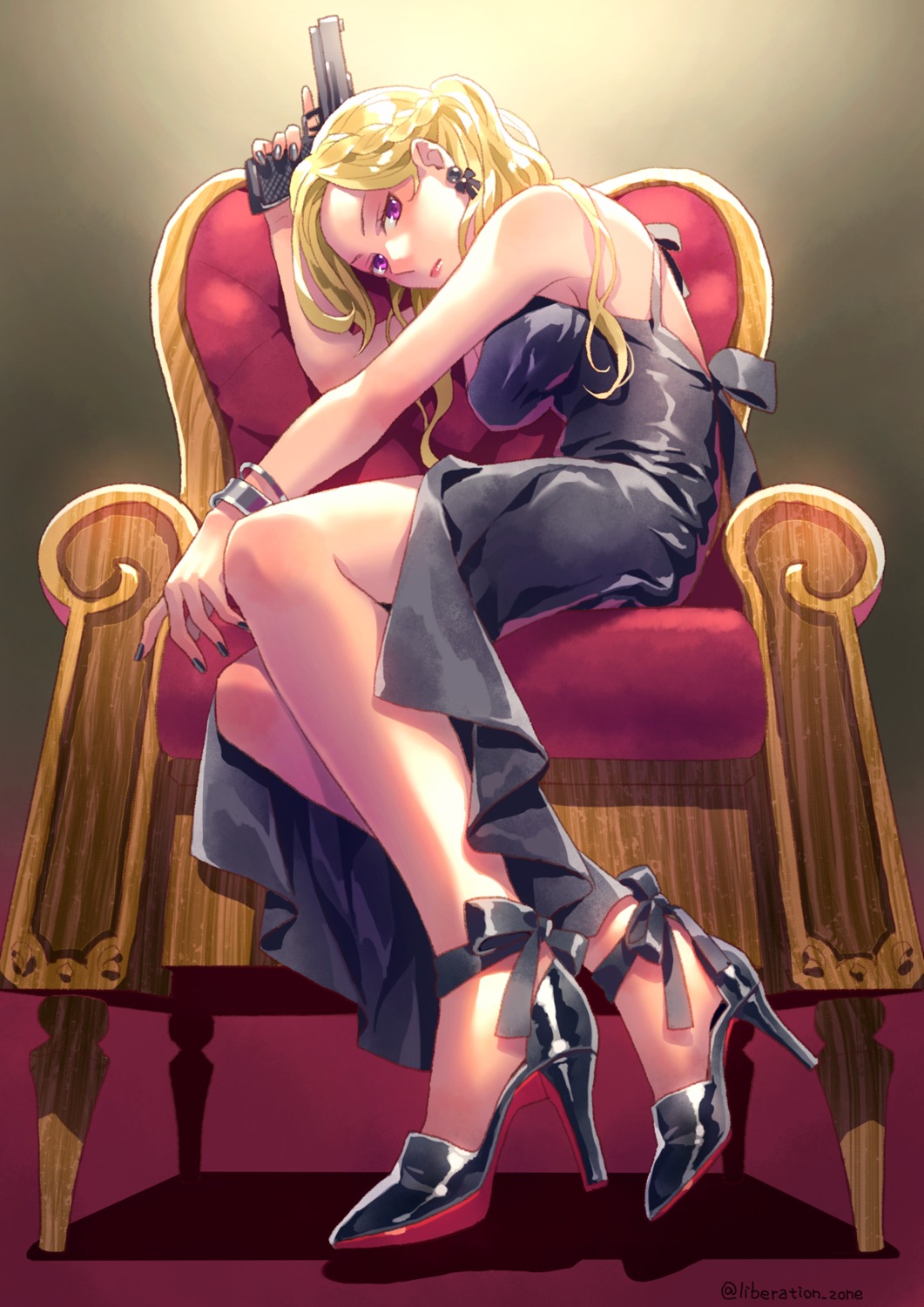 dress, gun, heels, minami_seira, no_bra
