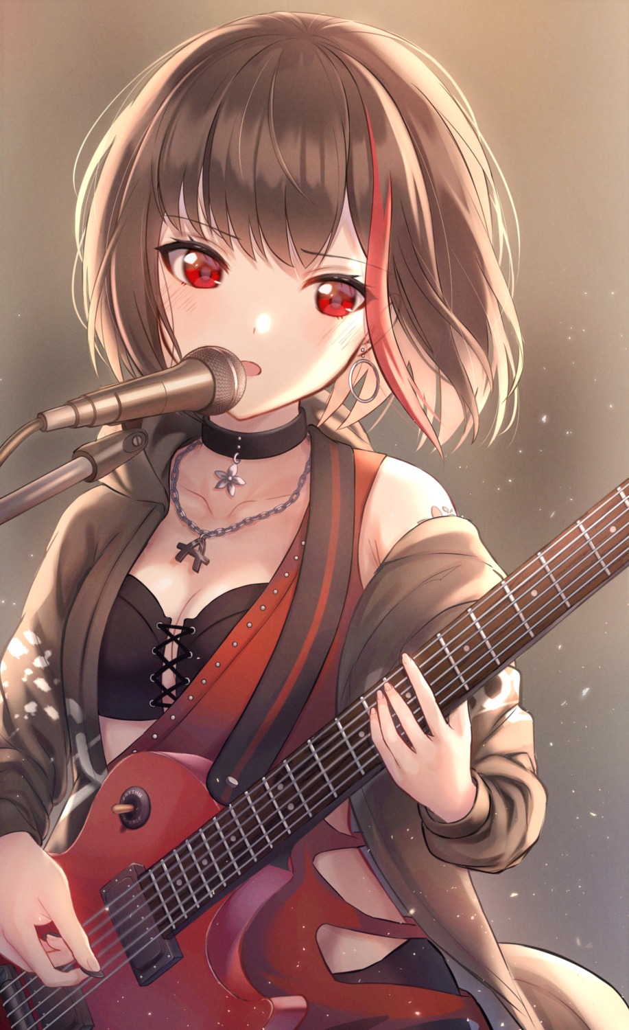bang_dream!, bra, cleavage, gohan_(lupina1023), guitar, mitake_ran, open_shirt