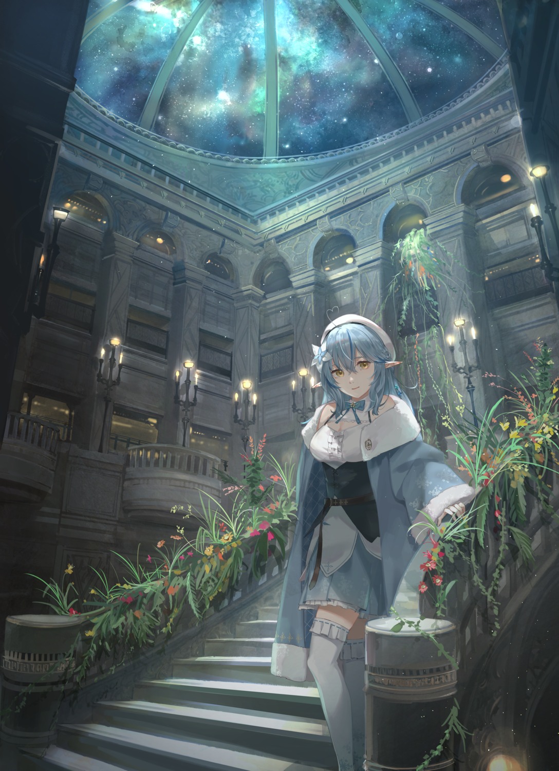 cleavage, elf, hololive, landscape, oekaki_taro, pointy_ears, thighhighs, yukihana_lamy