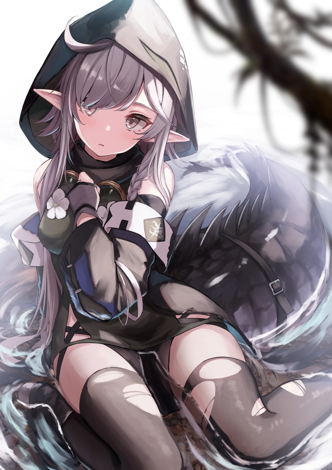 arknights, knoy3356, pointy_ears, tail, thighhighs, tomimi_(arknights), torn_clothes, wet