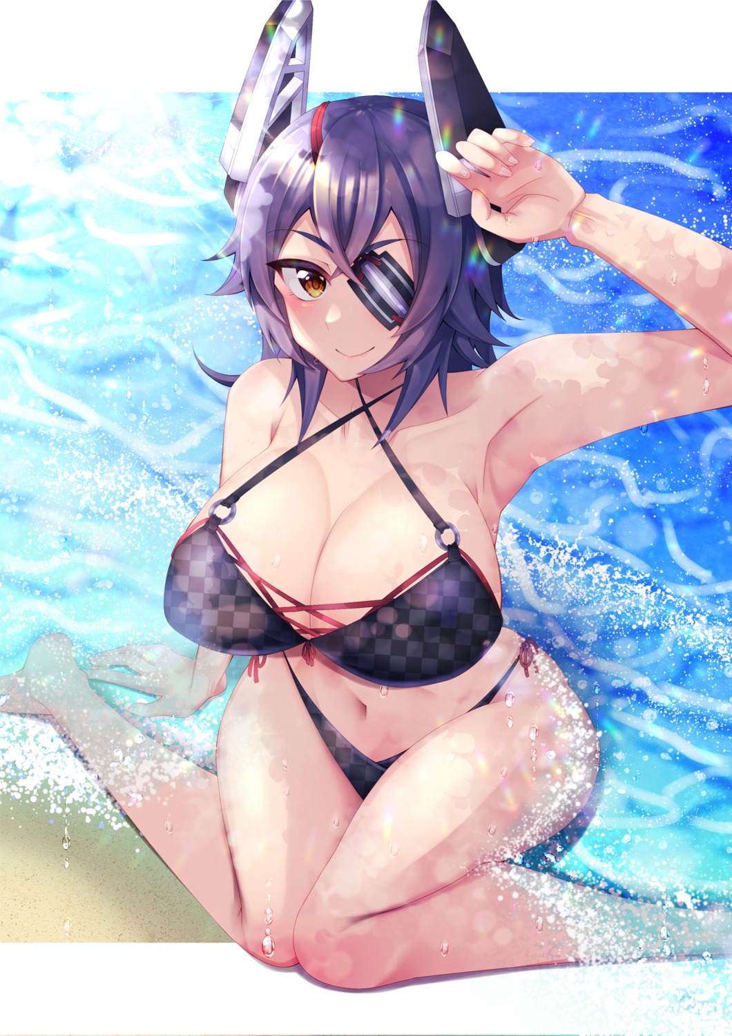 bikini, cleavage, eyepatch, kantai_collection, swimsuits, tenryuu_(kancolle), wet, yuudadou