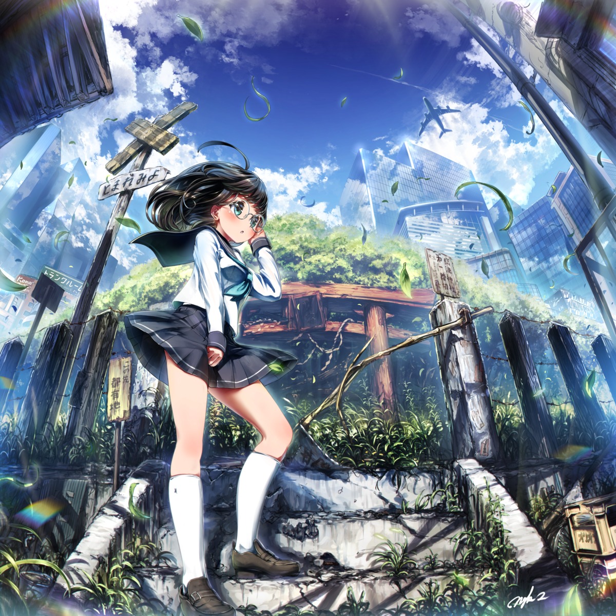 landscape, megane, seifuku, skirt_lift, tamanegi_(12030028)
